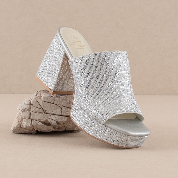 Oasis Shoes - Sparkly Chunky Platform Mule Slide Heels - Oasis Society